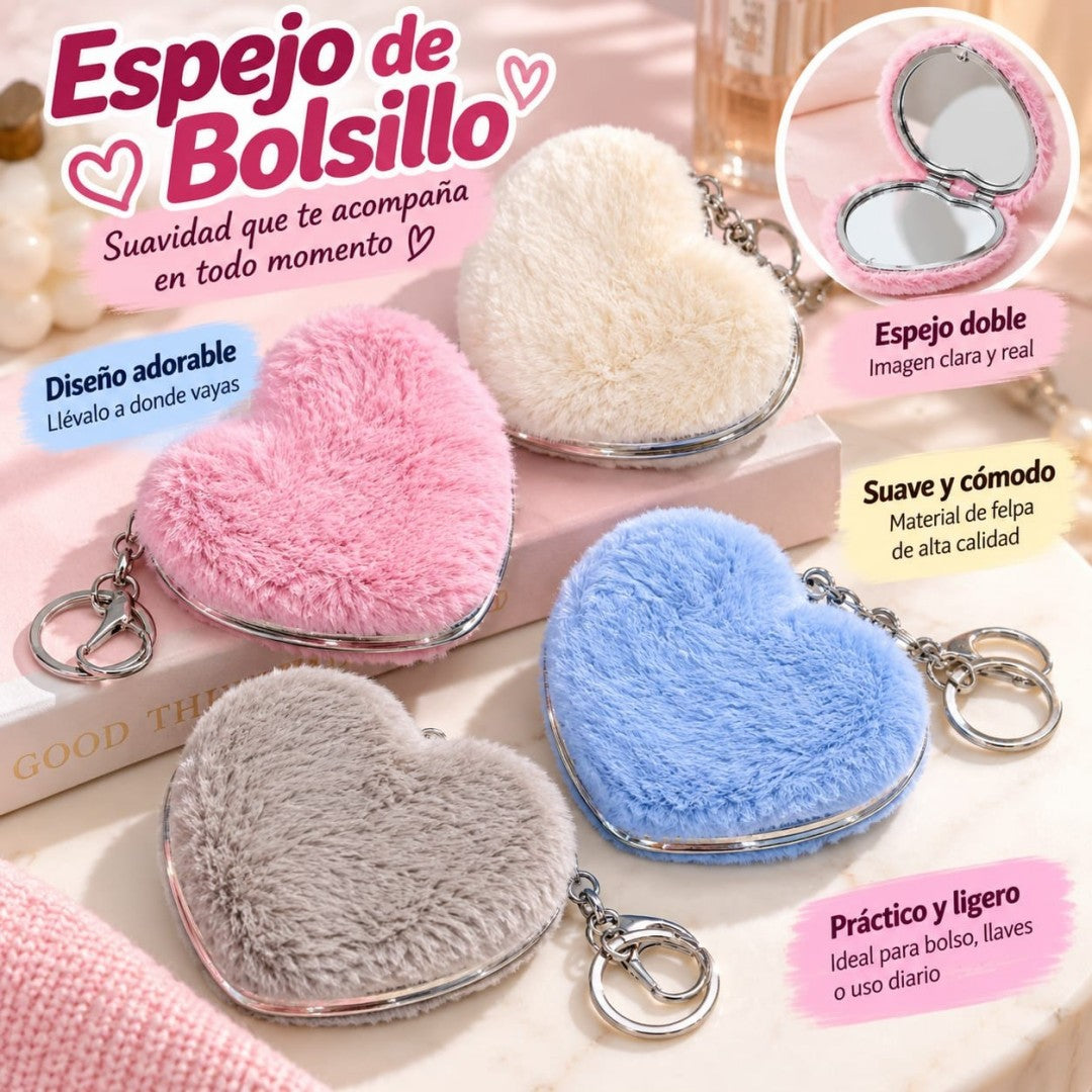 ESPEJO MAQUILLAJE CORAZON PELUDA 8*8CM