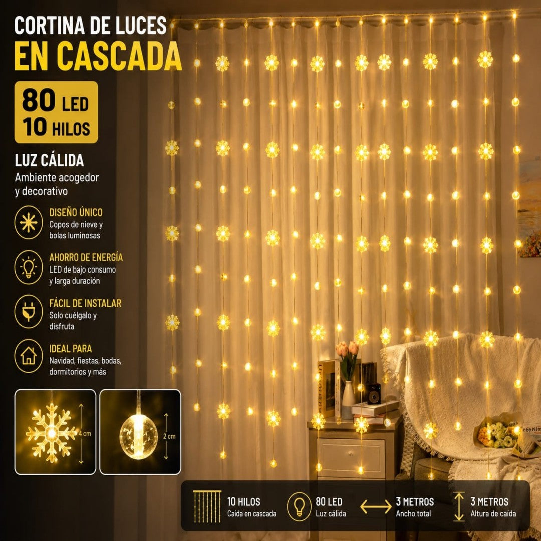 LUZ CORTINA 10TIRA NIEVE+BOLA 80L CALIDO