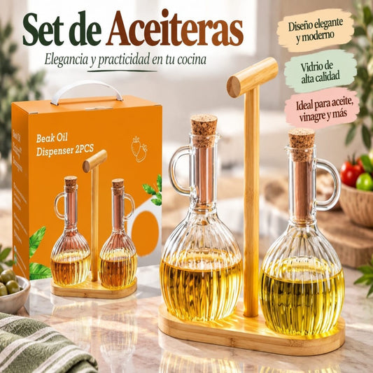 ACEITERA DE VIDRIO 2PCS CON SOPORTE 300ML Q2252-1B