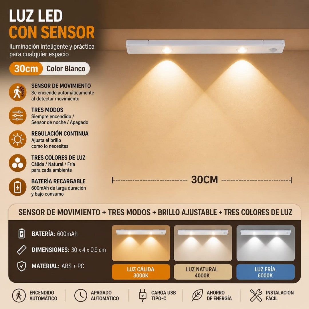 LUZ LED CON SENSOR RECARGABLE 30CM