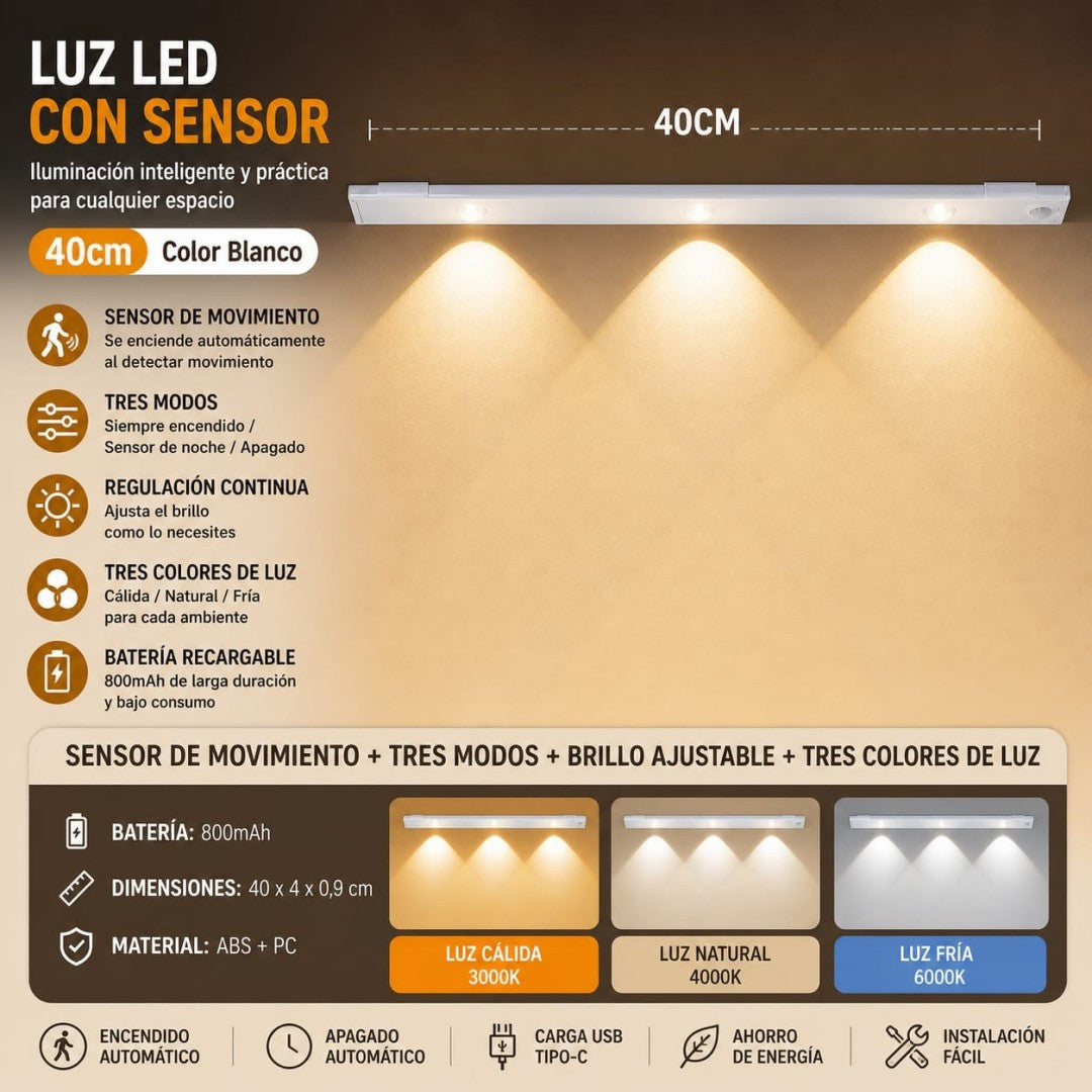 LUZ LED CON SENSOR RECARGABLE 40CM